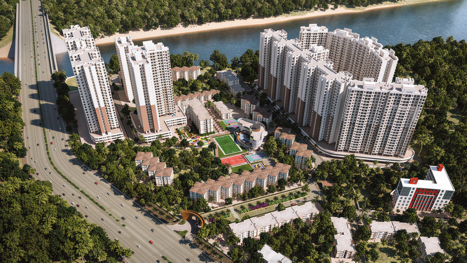 Aerial render of the Lodha Crown Dombivli Manpada township showing the residential towers, clubhouse and riverside setting