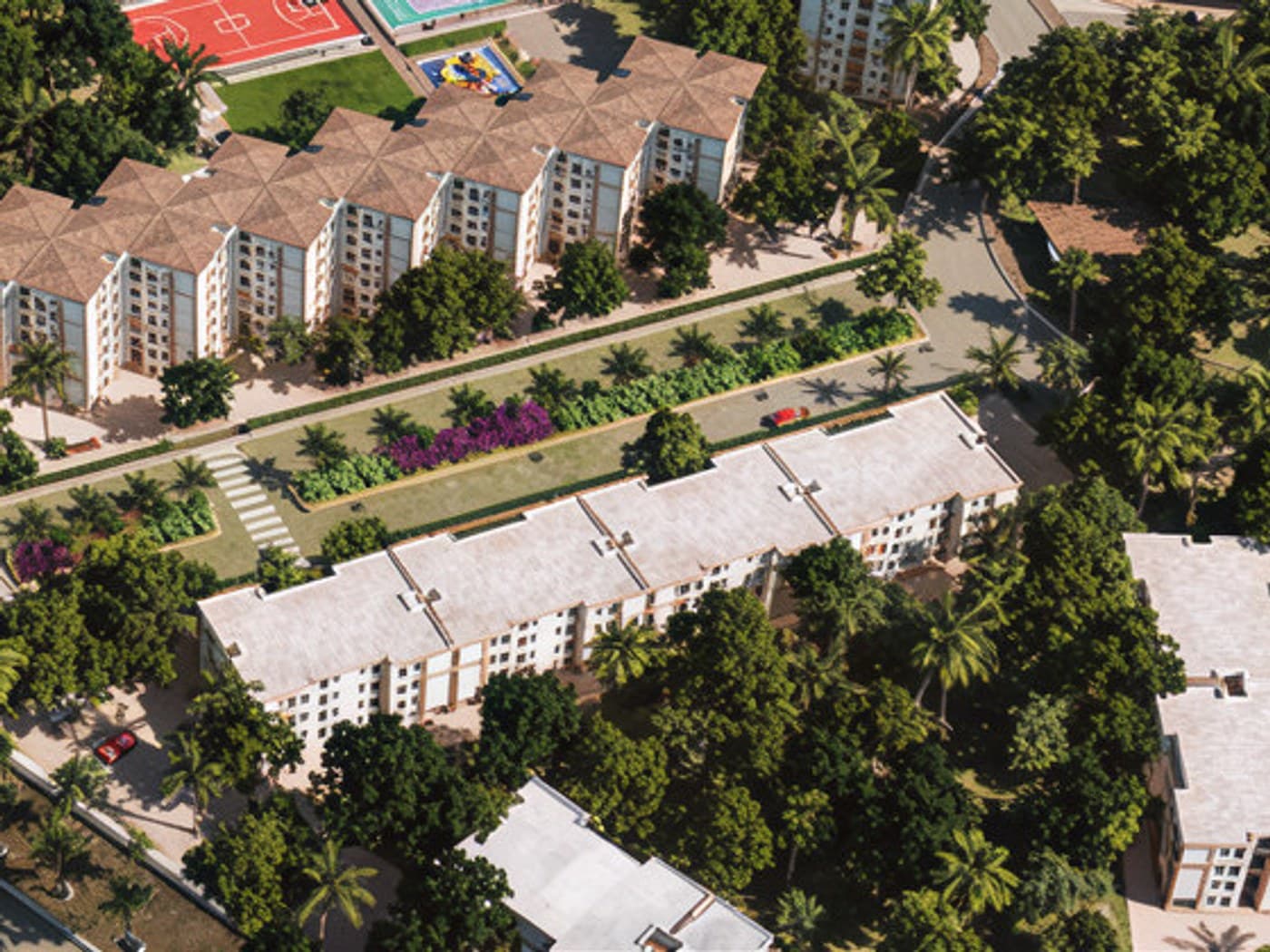 Landscaped grounds and walkways within the Lodha Crown Dombivli Manpada township